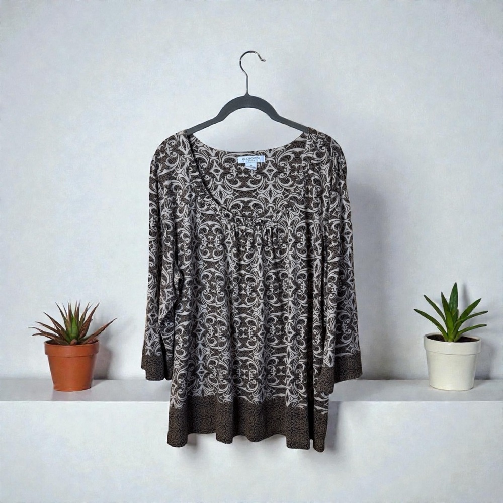 Liz Claiborne Brown and Tan Damask Print Top